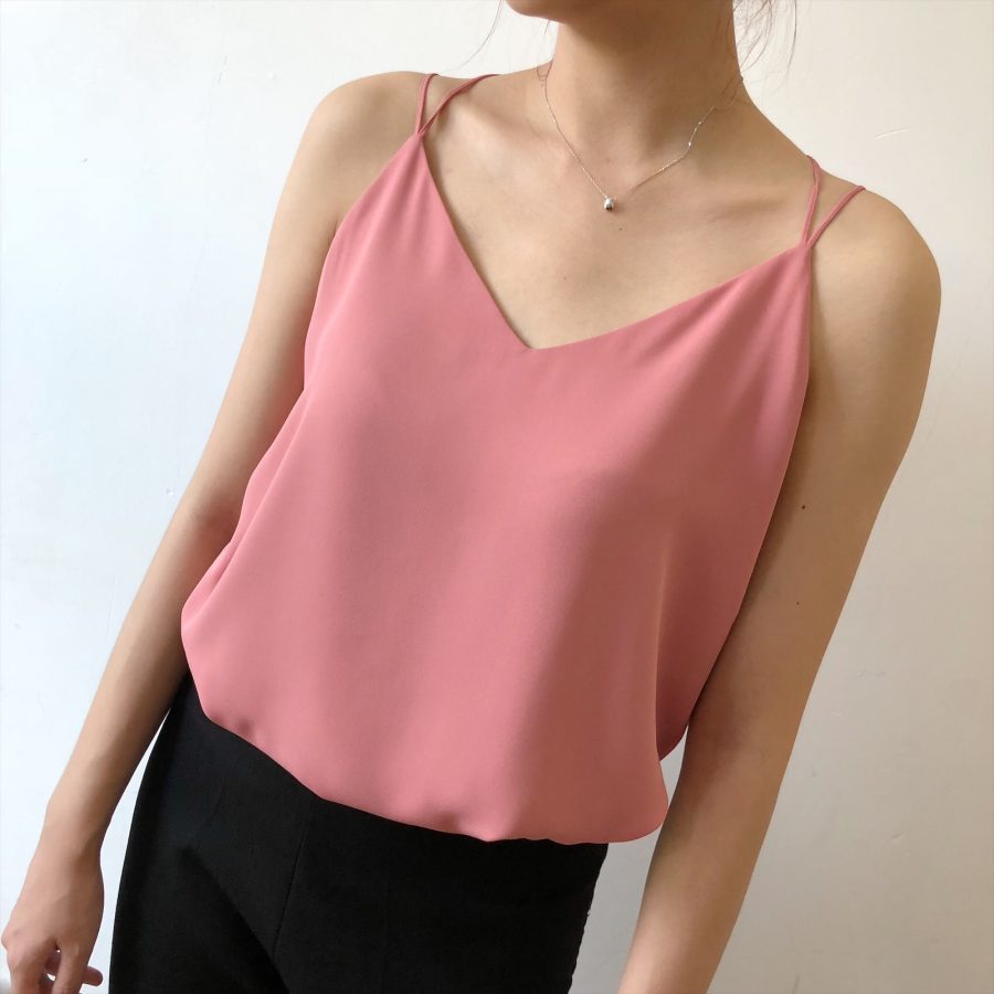 Rose Pink V-neck Chiffon Top Outfit Summer Loose Fitting Wedding Bridesmaid Top