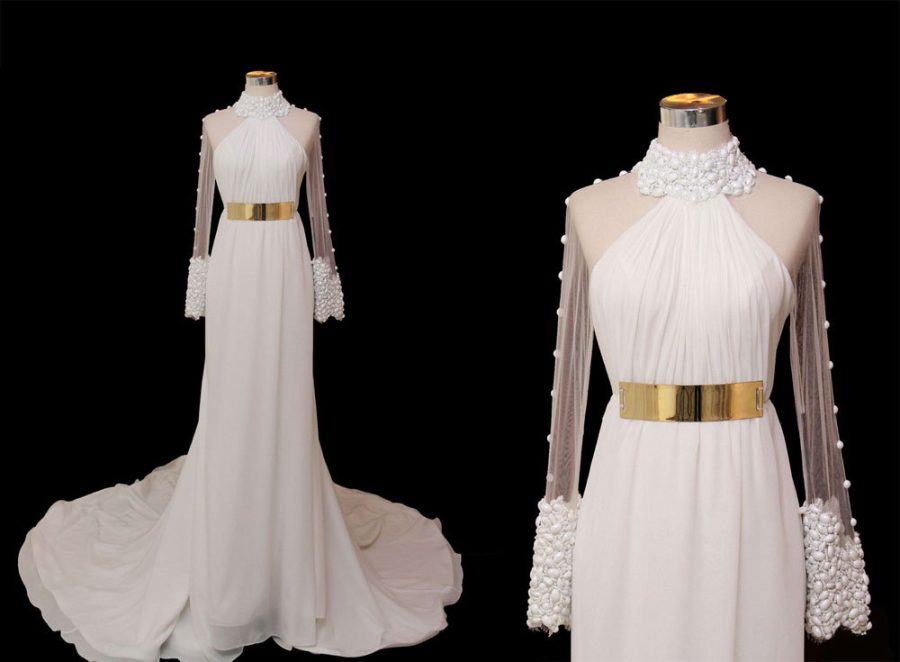 Rosyfancy Beaded Collar Sheer Long Sleeves Slim A-line Chiffon Wedding Dress