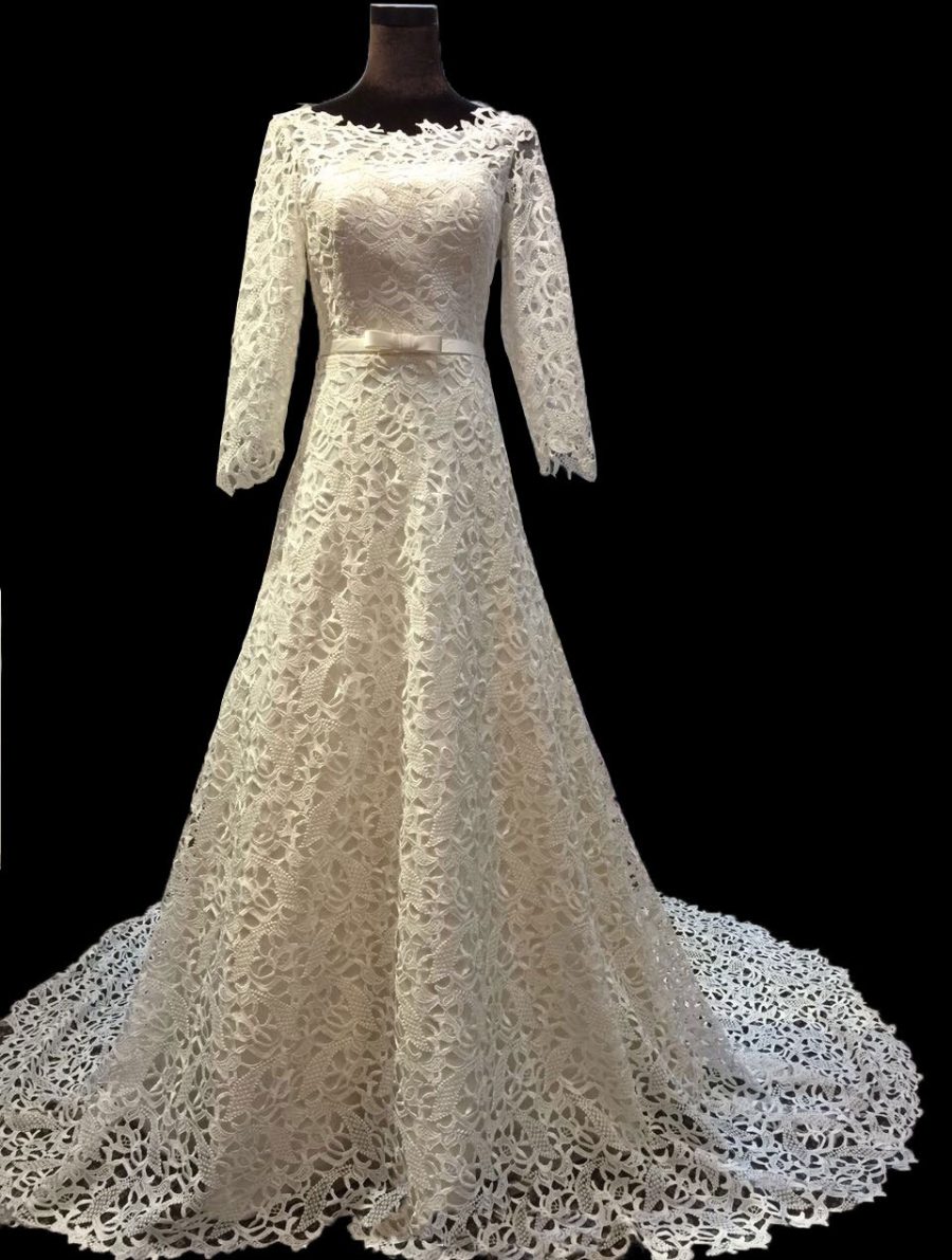 Rosyfancy Elegant Allover Venice Lace A-line Long Sleeves Wedding Bridal Dress