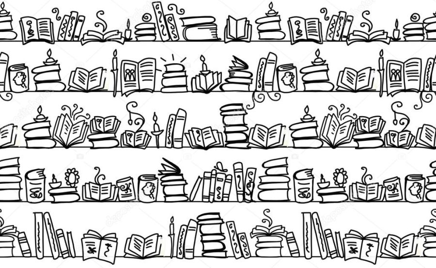 Seamless pattern with books on bookshelves, sketch design