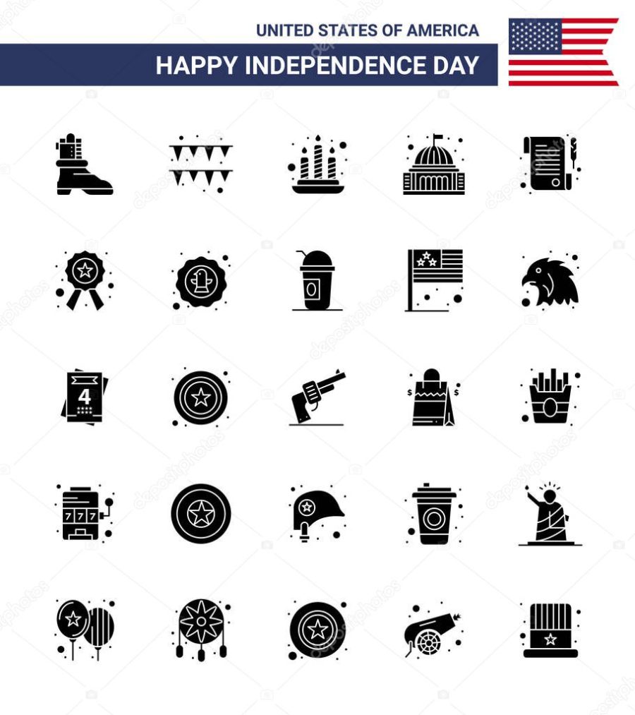 Set of 25 Modern Solid Glyph pack on USA Independence Day badge; receipt; light; paper; landmark Editable USA Day Vector Design Elements