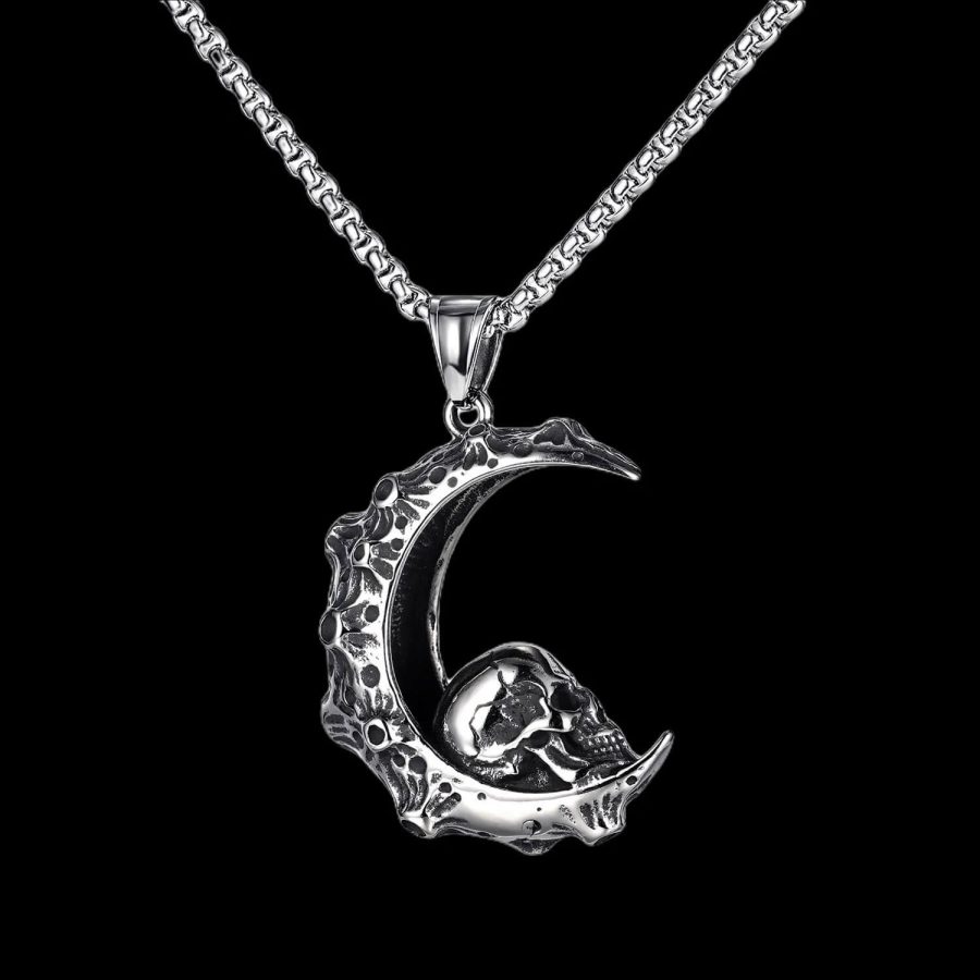 Skull In The Moon Spooky Gothic Halloween Stainless Steel Necklace