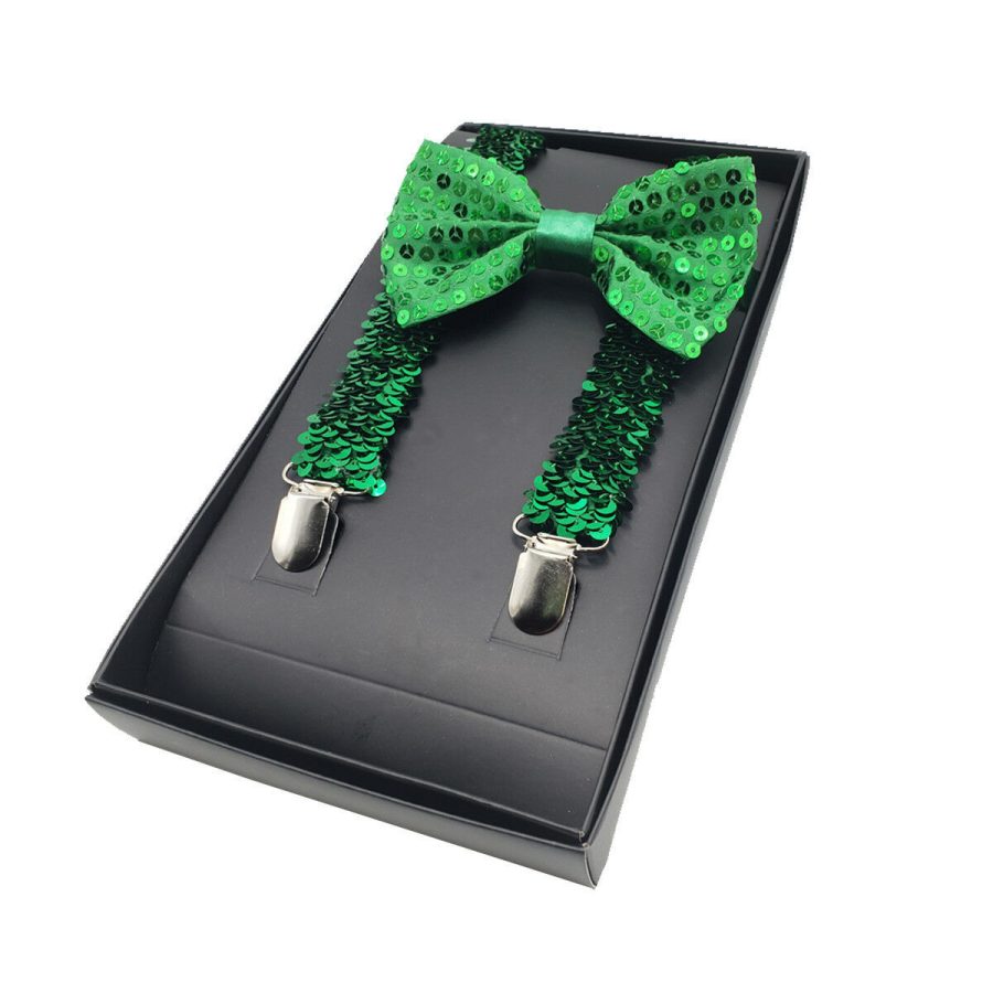 St Patricks Day Sequin Green Suspenders & Bowtie Set - Shiny Green Sequined Tie