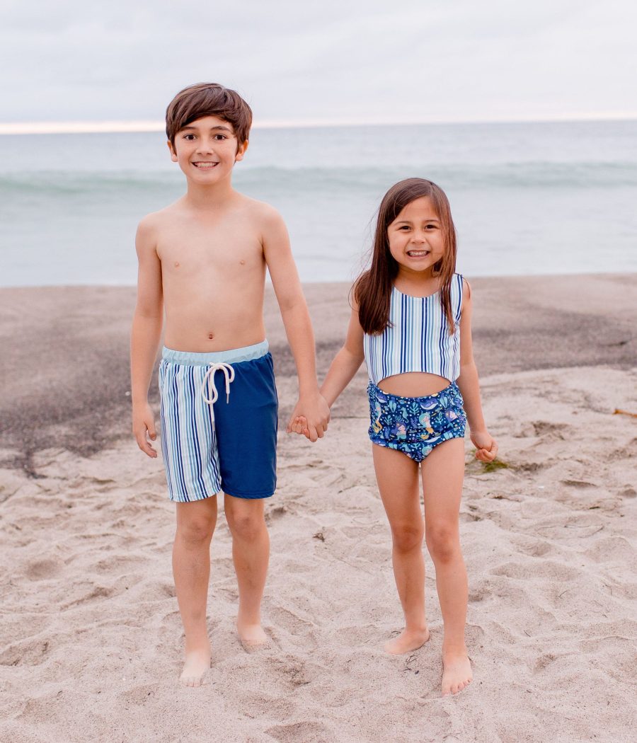 Striped blue Sibling matching swimsuits