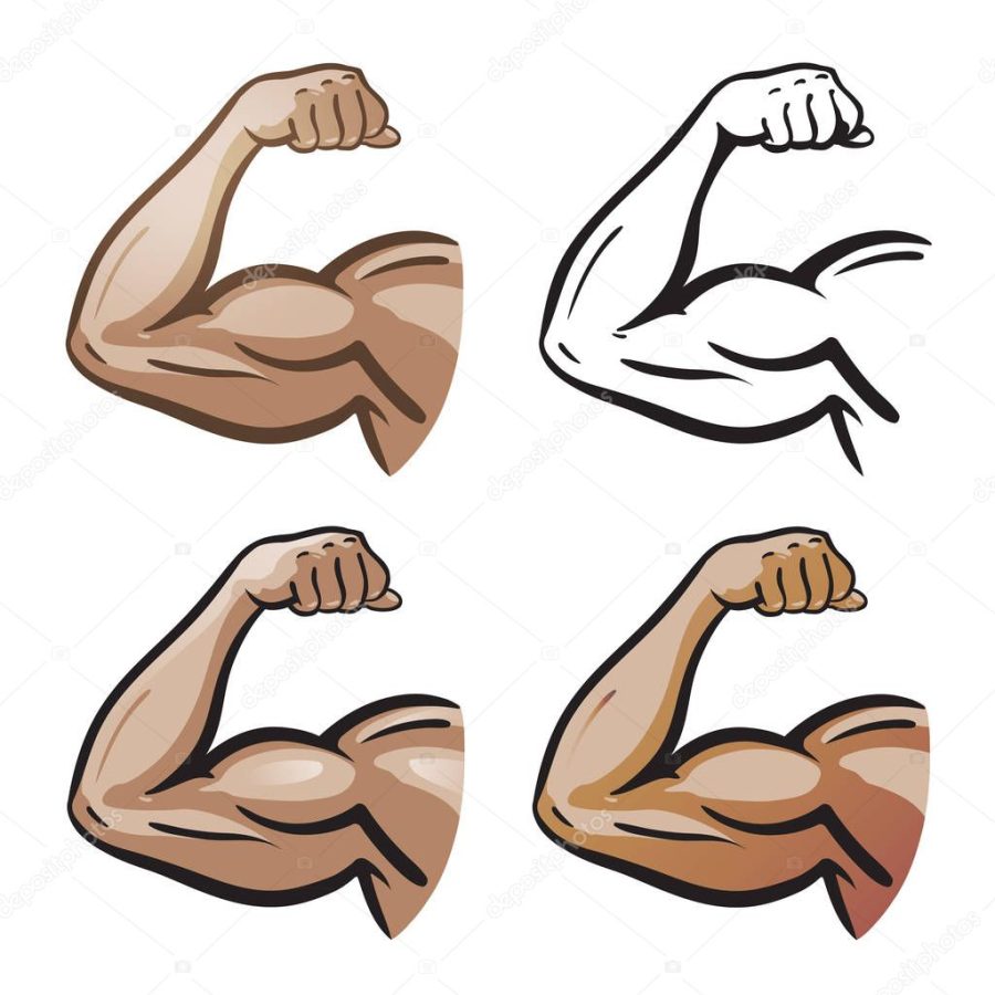 Strong male arm, hand muscles, biceps icon or symbol. Gym, health, protein logo. Cartoon vector illustration
