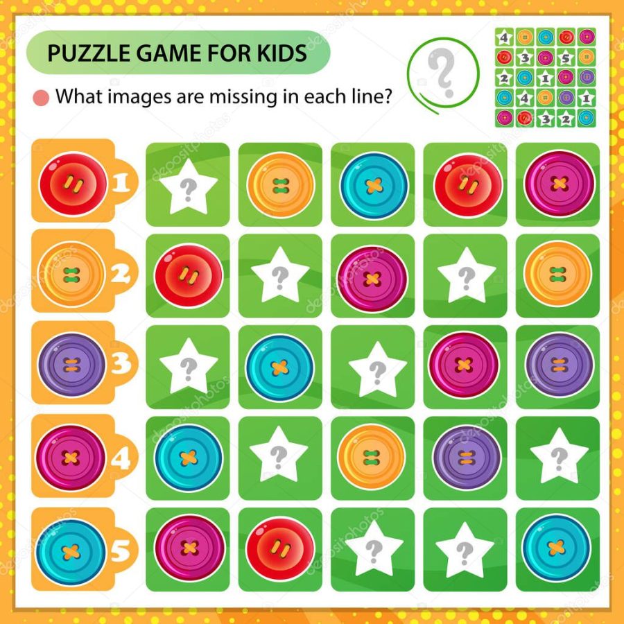 Sudoku puzzle. What images are missing in each line? Color images of buttons. Logic puzzle for kids. Education game for children. Worksheet vector design for schoolers.