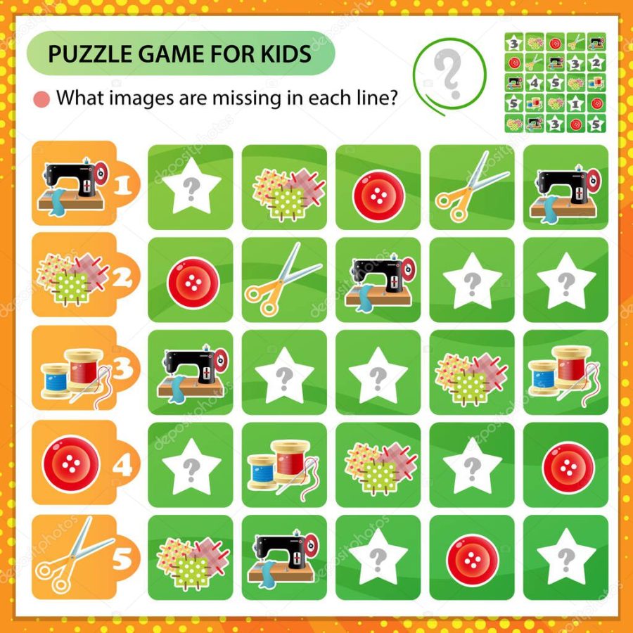 Sudoku puzzle. What images are missing in each line? Sewing machine, needle and thread, scissors. Logic puzzle for kids. Education game for children. Worksheet vector design for schoolers