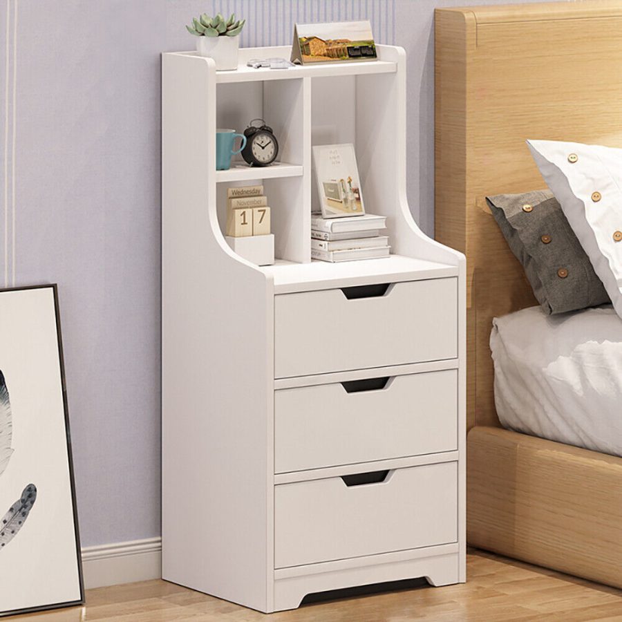 Tall White Nightstand + 3 Drawers Side Stand Cabinet Night Stand Bedside Tables