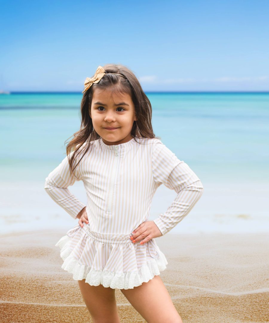 Tan Striped Girls Rash-guard