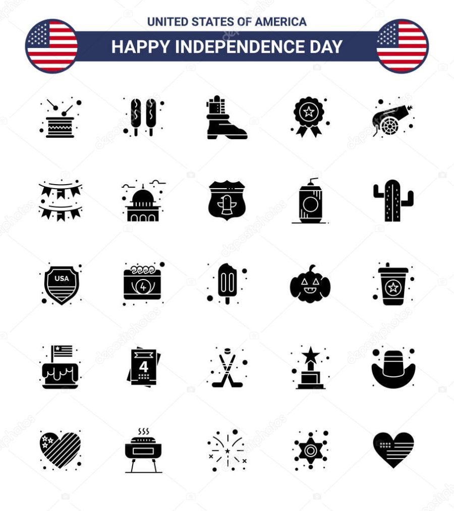USA Independence Day Solid Glyph Set of 25 USA Pictograms of war; army; shose; medal; independece Editable USA Day Vector Design Elements