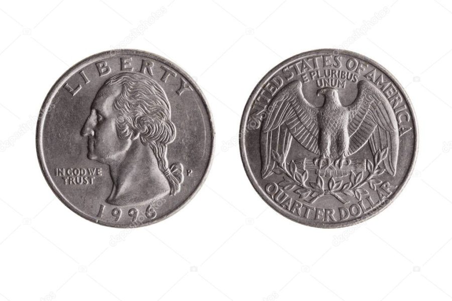 USA quarter dollar nickel coin (25 cents) with a portrait image of George Washington obverse and Bald Eagle reverse cut out and isolated on a white background
