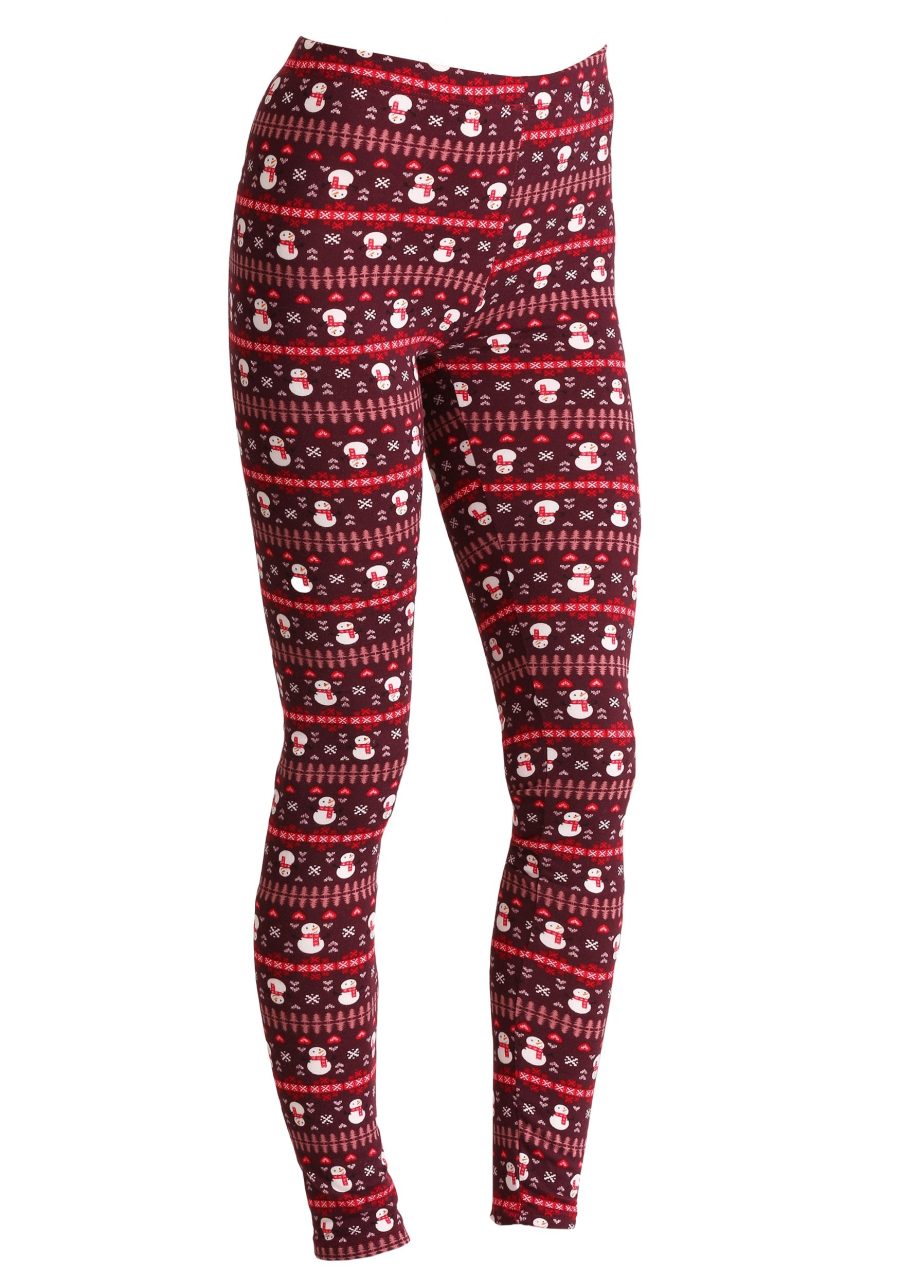 Ugly Christmas Snowman Pattern Print Maroon Leggings