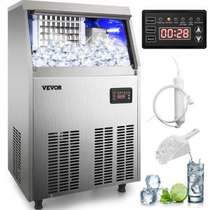 VEVOR 110V Commercial Ice Maker 80-90LBS/24H with 33LBS Bin, Full Heavy Duty Stainless Steel Construction, Automatic Operation, Clear Cube for Home Bar, Include Water Filter, Scoop, Connection Hose