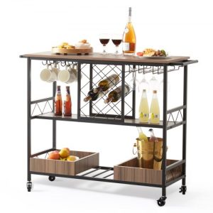 VEVOR 3-Tier Bar Serving Cart Rolling Trolley with Wine Grid Glass Holder 300LBS