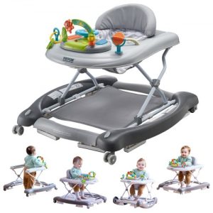 VEVOR 4-in-1 Baby Walker, Foldable Baby Activity Center on Wheels, 3 Adjustable Height, Music & Toys Tray, Learning-Seated | Walk-Behind | Rocker | Bouncer Toddler Walker for Girls Boys 6-24 Months