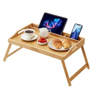 VEVOR Bed Tray Table with Foldable Legs & Media Slot, Bamboo Breakfast Tray for Sofa, Bed, Eating, Snacking, and Working, Serving Laptop Desk Tray TV Tray, Portable Food Snack Platter, 21.6" x 13.8"