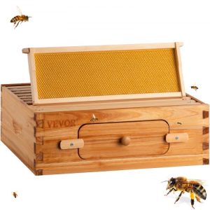 VEVOR Bee Hive, 10-Frame Complete Beehive Kit, 100% Beeswax Natural Wood, Includes 1 Medium Box with 10 Wooden Frames and Waxed Foundations, for Beginners and Pro Beekeepers