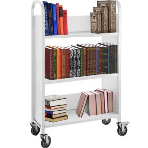 VEVOR Book Cart, 200lbs Library Cart, 30x14x49 Inch Rolling Book Cart Single Sided L-Shaped Flat Shelves with 4 Inch Lockable Wheels, for Home Shelves Office and School Book Truck in White