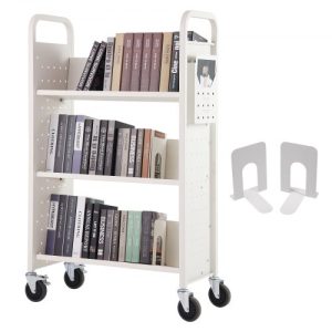 VEVOR Book Cart, 330 lbs Library Cart, 31.1" x 15.2" x 49.2" Rolling Book Cart, Single Sided V-Shaped Sloped Shelves with 4-Inch Lockable Wheels for Home Shelves Office and School, Book Truck in White