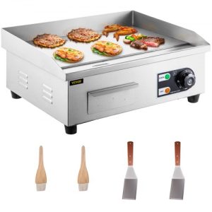 VEVOR Commercial Electric Griddle, 18" Teppanyaki Grill, 1600W Electric Flat Top Grill, Stainless Steel Electric Countertop Griddle w/Drip Hole, 50-300°C Countertop Griddle for Pancake, Chicken