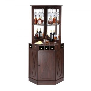 VEVOR Corner Industrial Bar Cabinet, Wine Table for Liquor & Glasses, Sideboard Buffet Cabinet with Glass Holder, Freestanding Farmhouse Wood Coffee Bar Cabinet for Living Room, Home Bar, Black Walnut