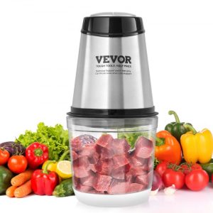 VEVOR Food Processor, Electric Meat Grinder with 4-Wing Stainless Steel Blades, 2.5 Cup Glass Bowl, 400W Electric Food Chopper, 2 Speeds Food Grinder for Baby Food, Meat, Onion, Vegetables