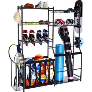 VEVOR Golf Storage Garage Organizer, 2 Golf Bag Storage Stand Holder and Other Sports Equipment Storage Rack, Outdoor Steel Ball Cart, Sports Gear and Toys Storage Shelves with Baskets & Hooks, Black