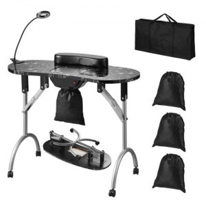 VEVOR Portable Manicure Table, Foldable Nail Table with Electric Dust Collector, Moveable Nail Tech Desk & 4 Wheels, 3 Dust Bags, Bendable LED Lamp, MDF Nail Art Workstation for Home Spa Beauty Salon