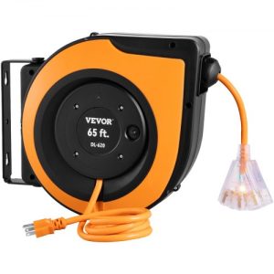 VEVOR Retractable Extension Cord Reel, 65 FT, Heavy Duty 12AWG/3C SJTOW Power Cord, with Lighted Triple Tap Outlet, 15 Amp Circuit Breaker, 180° Swivel Bracket for Ceiling Tested to UL Standards