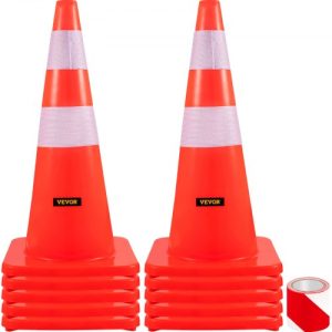 VEVOR Safety Cones, 28 in/73 cm Height, 10 PCS PVC Orange Traffic Cone with 2 Reflective Collars and Weighted Base, Used for Traffic Control, Driveway Road Parking and School Improvement