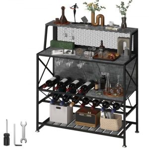 VEVOR Wine Rack Home Bar Table, Industrial Liquor Storage Cabinets with Glass Holder, Bakers Rack Freestanding with Large Capacity for Home Kitchen Dining Room, Hold 12 Bottles of Wine (Gray)