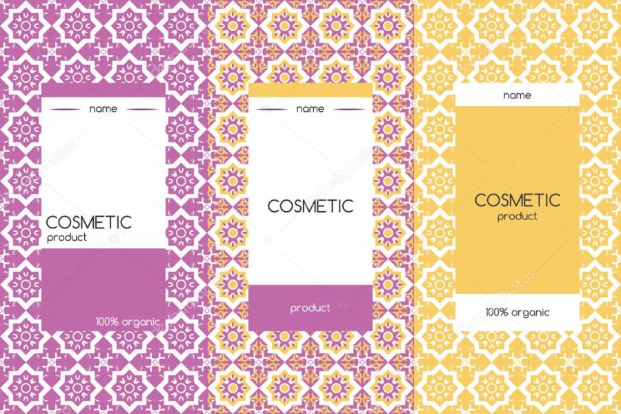 Vector packaging design elements for cosmetics - template label and tag with ornamental pattern. Handmade, natural and organic cosmetic package. Seamless wrapping patterns for package beauty products and beauty salons.