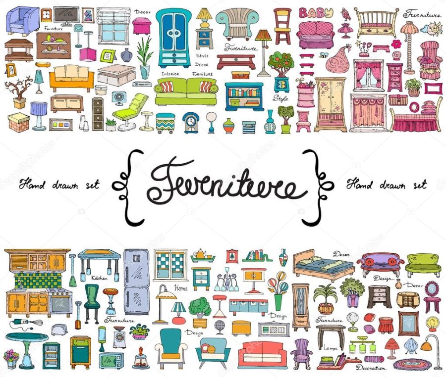 Vector set with hand drawn colored doodles on the theme of furniture