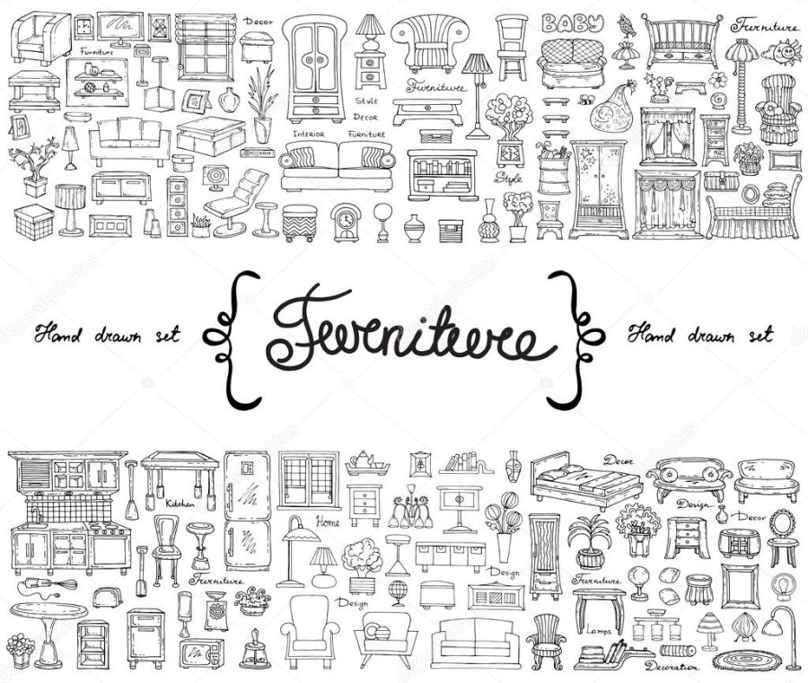 Vector set with hand drawn isolated doodles on the theme of furniture