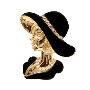 Woman In Hat Gold-Toned Brooch With Rhinestone-Encrusted Hatband and Necklace of Simulated Gemstones