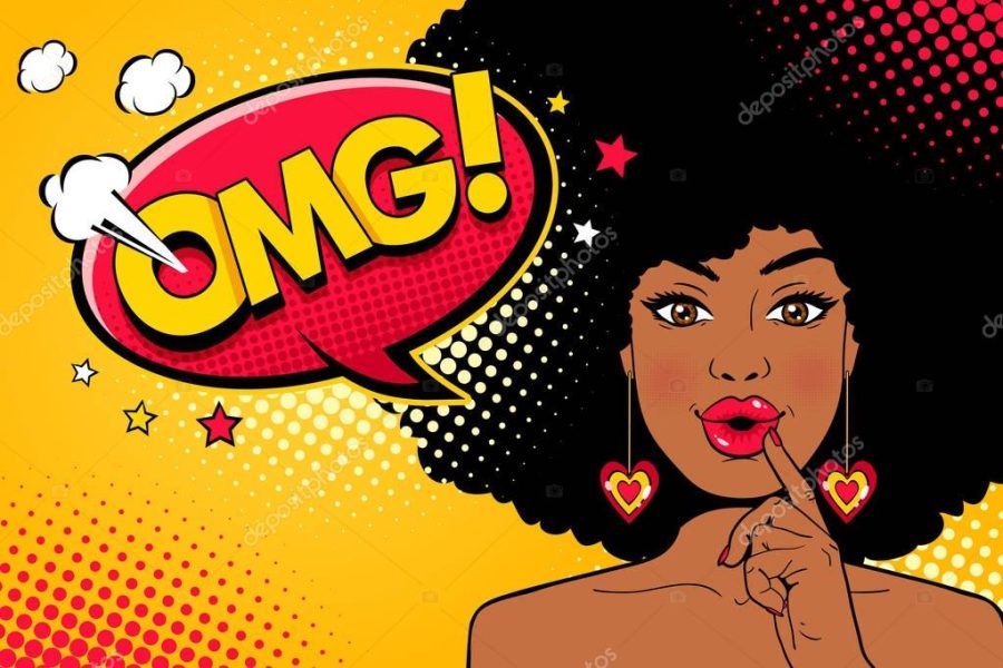 Wow pop art female face. Sexy surprised young african american woman with open mouth and Oh My God speech bubble. Vector bright background in pop art retro comic style. Invitation party poster.