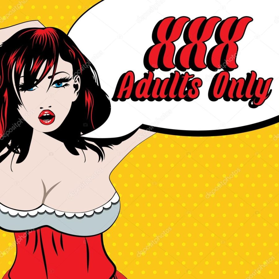 XXX. Adults only 18+ Pop Art sign. Sexy girl vector illustration.