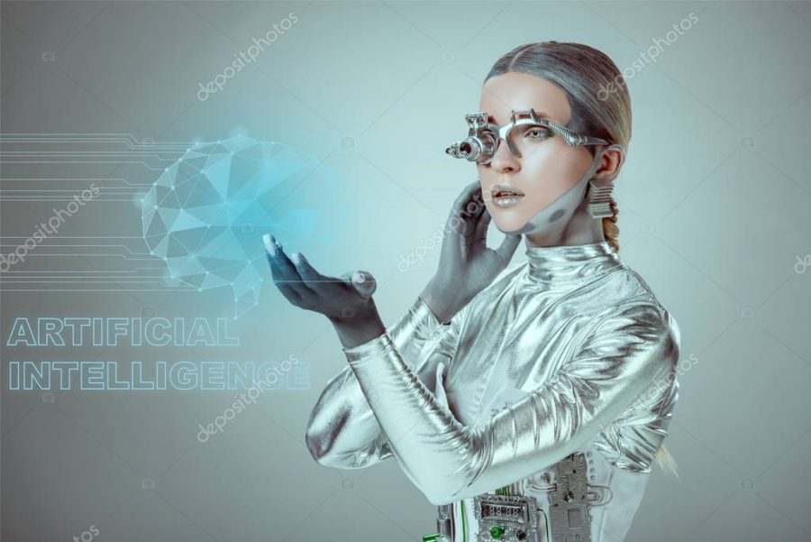 futuristic silver cyborg touching digital data with "artificial intelligence" lettering isolated on grey, future technology concept