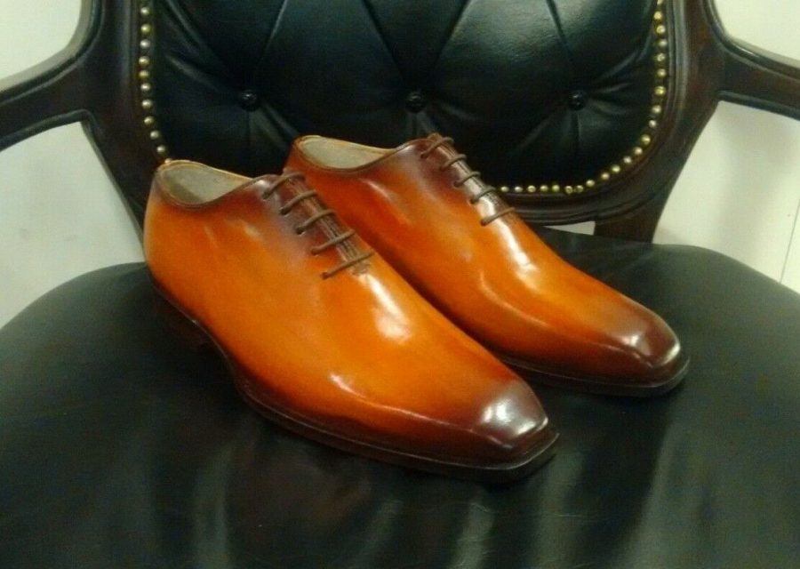 men's Cognac Patina Leather Whole Cut Oxfords Handmade Custom men dress shoes