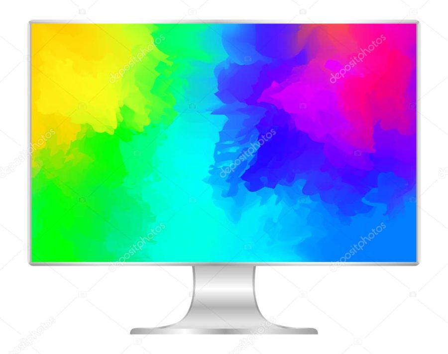 mock up computer and wallpaper colorful colors, flat monitor with multi colors vivid full screen, pc display digital wide screen and slim, colorful art on 4k modern screen, monitor modern lcd desktop