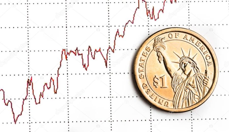one dollar coin on fluctuating graph. Rate of the us dollar (shallow DOF)