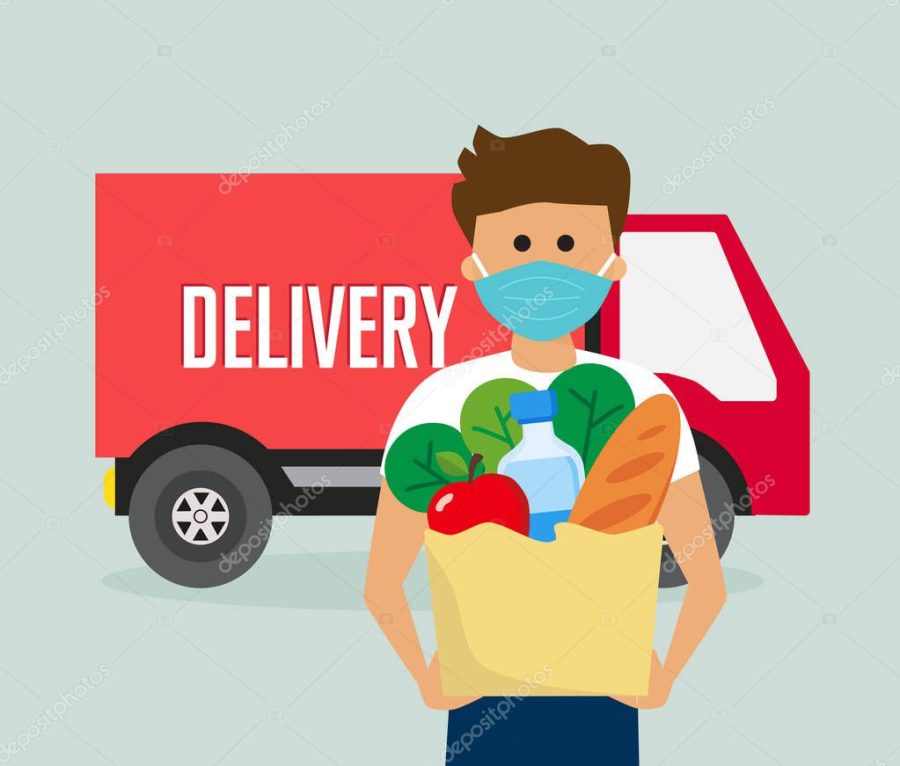 online safe delivery service, courier delivery grocery order to the home of customer with mask, vector illustration