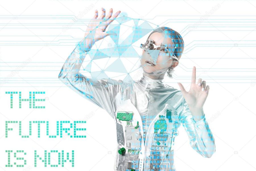 silver cyborg looking at digital data isolated on white with "the future is now" lettering