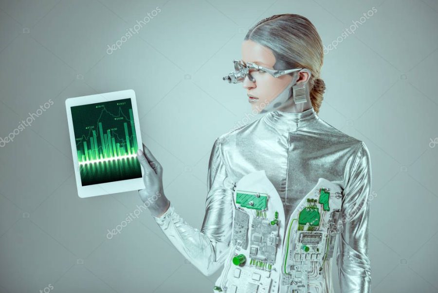 silver robot looking at tablet with chart appliance isolated on grey, future technology concept