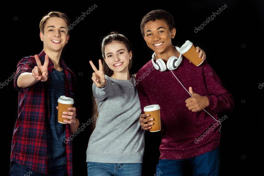 teenagers with paper cups of coffee