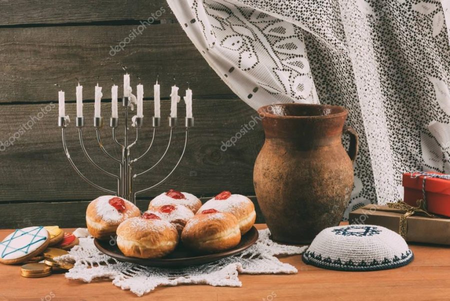 traditional jewish menorah, Kippah and donuts