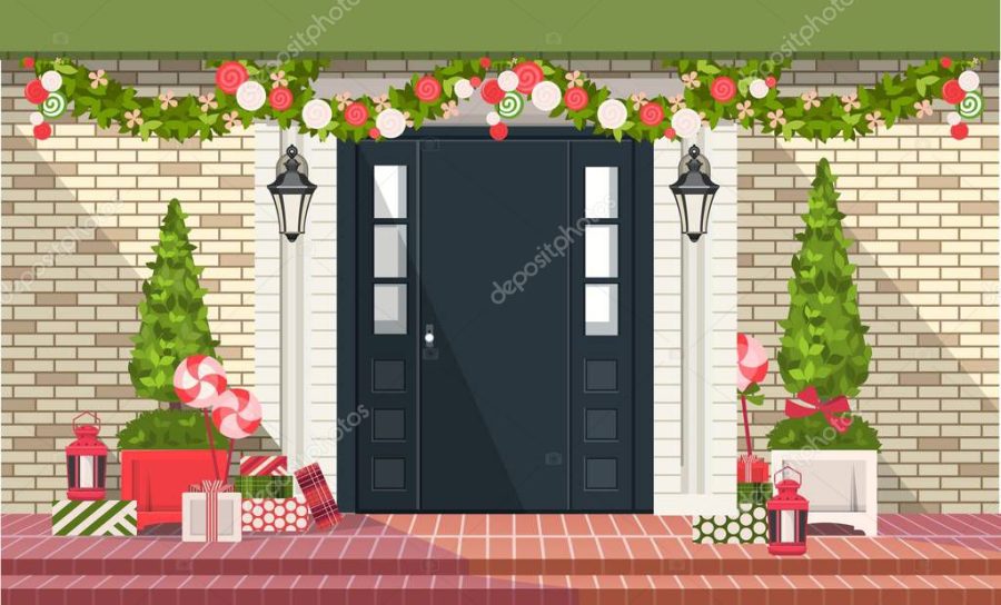 vector illustration. Christmas decorations on the front door of a residential building, a wreath of plants and garlands, gift wrapping,