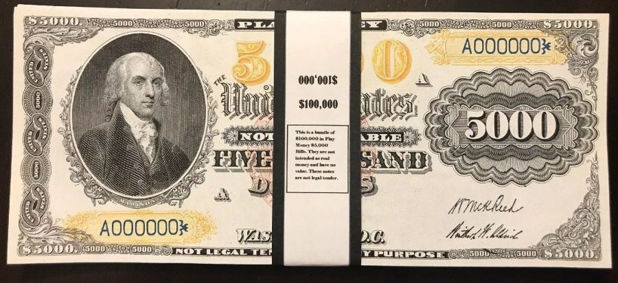 $100,000 In 1878 $5,000 Bills Play/Prop Money US Notes James Madison USA