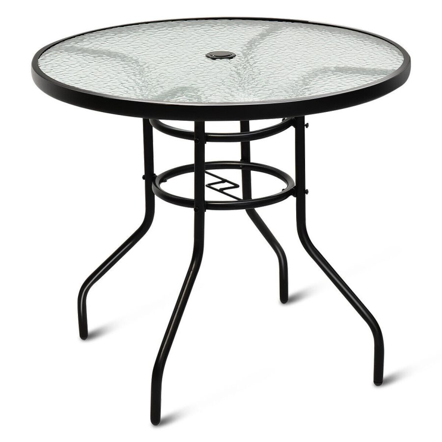 32" Patio Round Table Tempered Glass Steel Frame Outdoor Pool Yard Garden