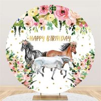 Aperturee Circle Pink Floral And Horse Happy Birthday Backdrop | Simple Backdrop For Birthday | Birthday Curtain Backdrop | Birthday Back Drop